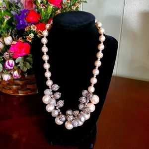 Silver Tone Champagne/Cream Plastic Bead Necklace